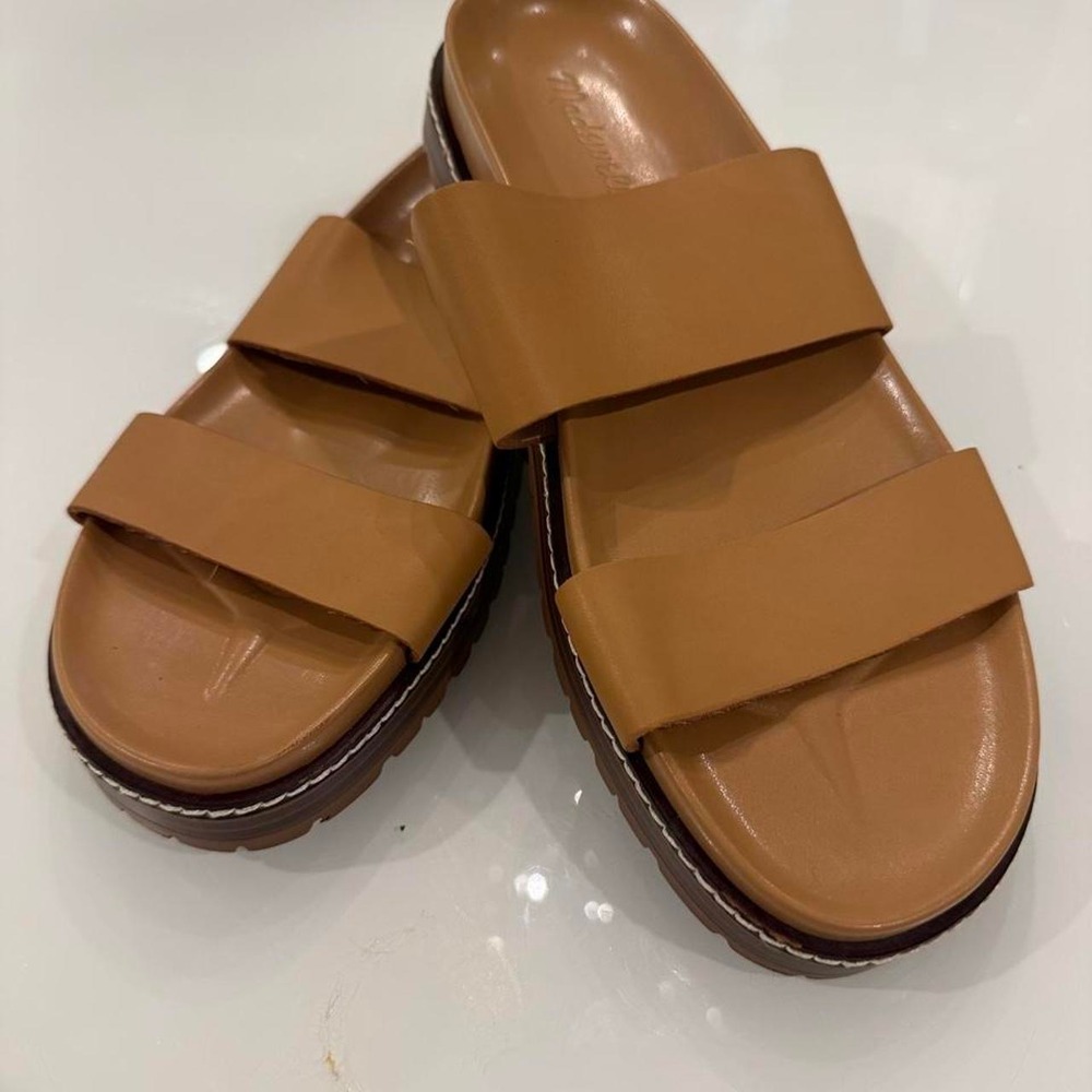 Madewell Brown leather slides with white stitching, size US 9